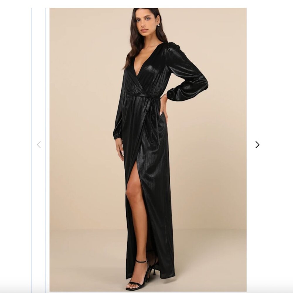 Lulus Extra Aesthetic Black Shiny Long Sleeve Surplice Maxi Dress - Size M